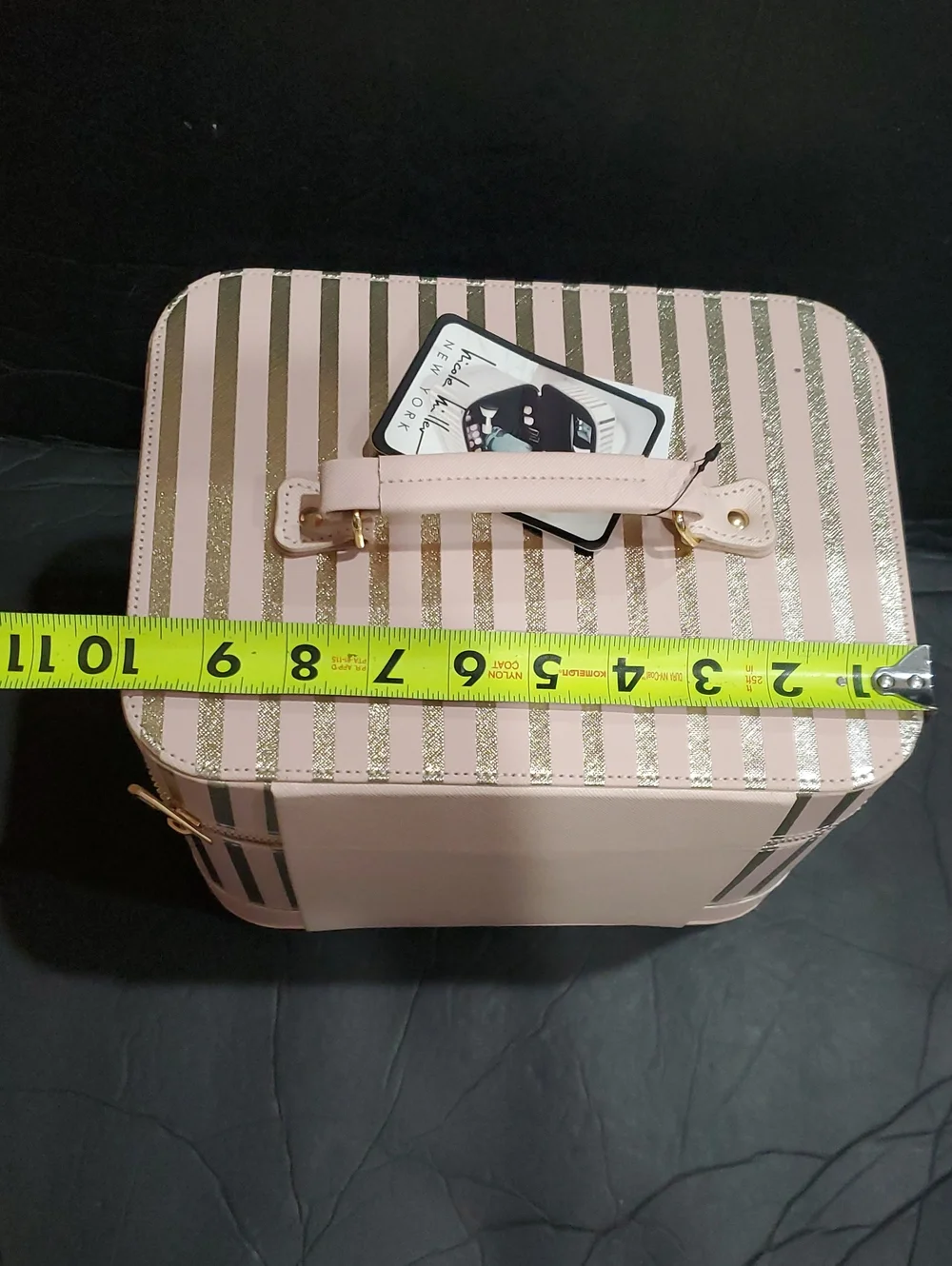 Nicole Miller pink and gold striped large cosmetics beauty hard train case new